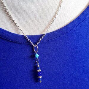 16IN Silver Tone Blue Bead Pendant Necklace Artisan